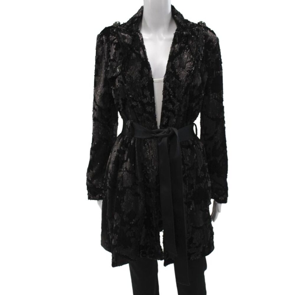 CAVANAGH BAKER Womens Sequin Black Trench Coat Long Sleeve Tie Size 6